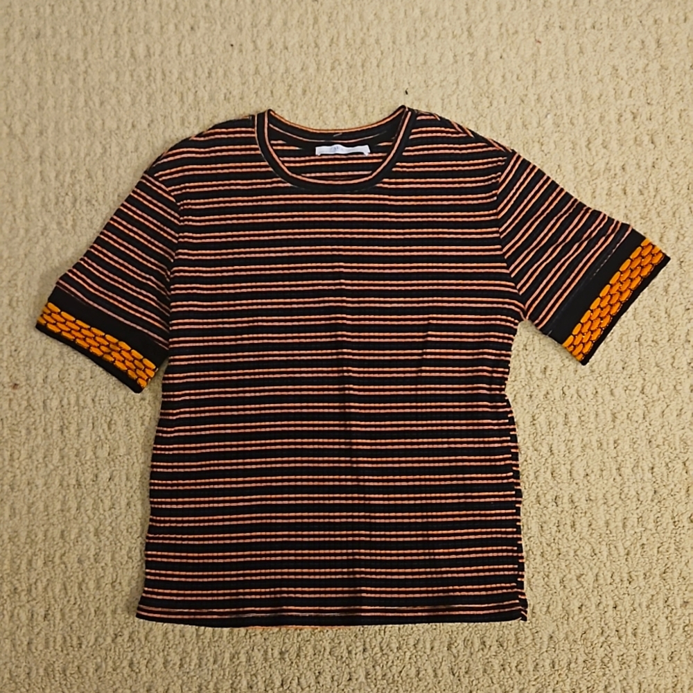 Zara Striped Top Black & Orange Fun Sleeve Detail